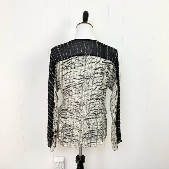 PARKER Animal Print Black Gray Beaded Long Sleeve SILK Sheer Top Women Sz Medium - Picture 2 of 16